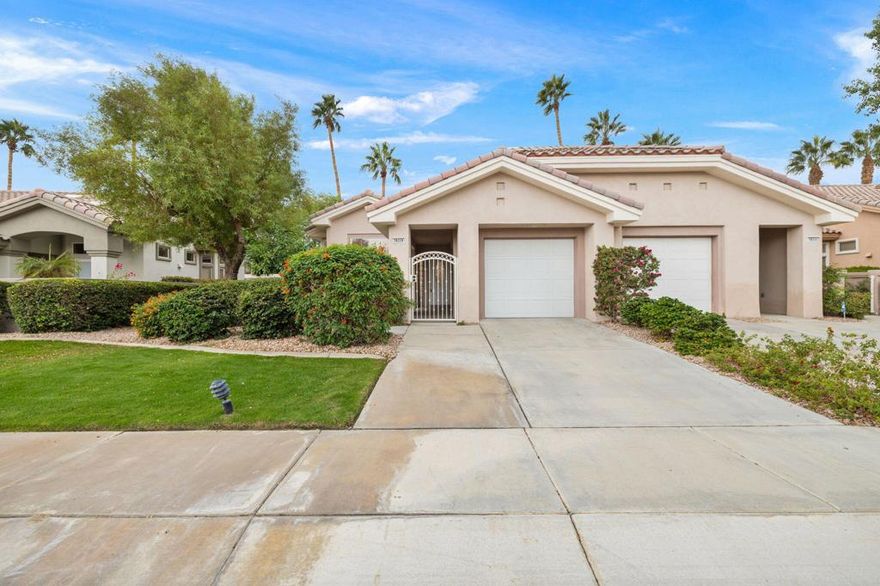 Located in the best 55+ community in the valley, this rare Villa model is super desirable. It has high ceilings, transom windows, and Plantation shutters, which allow lots of light in. It has 1 bedroom with a bay window viewing the greenspace, and a slider out to the patio. The bathroom has been modified to be a fabulous upgraded full bathroom with quartz counters, a new sink and faucet, a nice soaking tub, 2 skylights, and recessed can lights. It has plenty of counter space and a great shower. The roomy kitchen is remodeled with stainless steel appliances, recessed lights, and new lower cabinets, and it's open to the dining and living rooms. All rooms have a nice view of the patio and green space. The front gated courtyard faces north for cool BBQs and outdoor enjoyment, while the back patio faces south for warmth and sunshine. This home provides the best of all seasons. The 1-car garage has been enclosed for security and cleanliness. 2 cars may be parked in the driveway 24/7, if necessary. There is a dry sauna that is currently not operable, and is sold as-is. It can be reconnected (buyer to investigate) or used for something else creative. It allows a small room for a cute little office space. This home is a duplex with an extra HOA fee of 189.00/mo. so you don't have to worry about doing yard work. It's perfect for a carefree, lock-and-go home, or a full-time residence. SUN CITY PALM DESERT IS ALL ABOUT LIFESTYLE!! It has many clubs, activities, amenities, and low HOA dues. Play at 2 championship 18-hole golf courses and practice facilities, pickle ball, tennis, softball, bocci ball, an 18-hole miniature golf course, an honor library, arts and crafts, a ballroom for special entertainment, and 4 saltwater pools kept at 87 degrees with hot tubs. Enjoy 2 great restaurants, a martini/coffee bar, and even a post office. There is a newly renovated classy indoor/outdoor bar with fire tables to enjoy the awesome views and our beautiful desert weather.