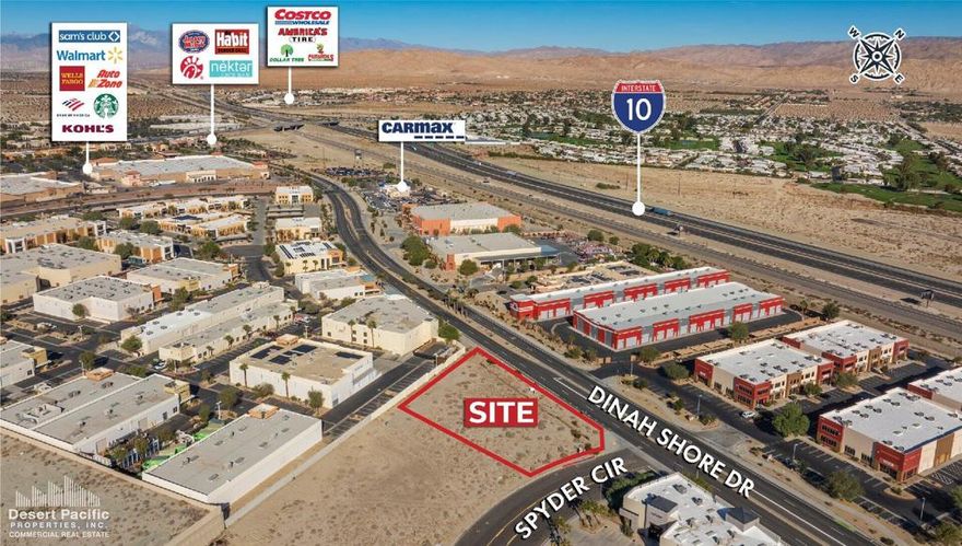 Great central valley location on the Dinah Shore Drive industrial corridor in Palm Desert. Easy access to Interstate 10 at Monterey Ave. and Cook St. Prominent corner lot with 280 ft of frontage on Dinah Shore. Join other Dinah Shore businesses such as Carmax, BedrosiansTile & Stone, Garage Town USA, and Eisenhower Medical. Just one-half mile from the major Monterey Ave. retail corridor, with retailers like Walmart, Sam's Club, Costco, Kohl's,Starbucks, Chick-fil-a, and more. Flexible zoning allows for a wide variety of uses such as medical laboratories, professional offices, vehicle storage, warehousing, storage facilities, etc.