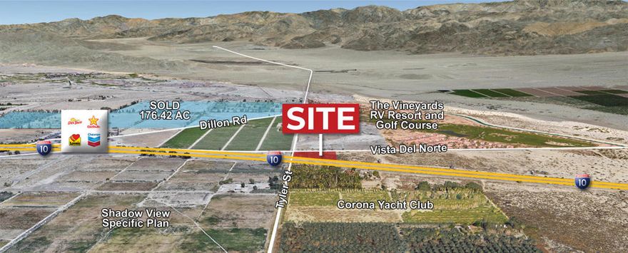 Prime development property in the immediate path of growth with excellent freeway visibility. Across from The Vineyards RV Resort and Golf Course. Just down the street from Spotlight 29 Casino, Fantasy Springs Casino and Eagle Falls Golf Course. Also available for Lease. Approximately 700 feet freeway frontage. Last exit Eastbound for 105 miles. Nearby events include: Coachella Music Festival - 250,000 visitors, Stage Coach Music Festival - 100,000 visitors, Riverside Date Festival - 276,000 visitors BNP Paribas Tennis Tournament - 439,000 visitors