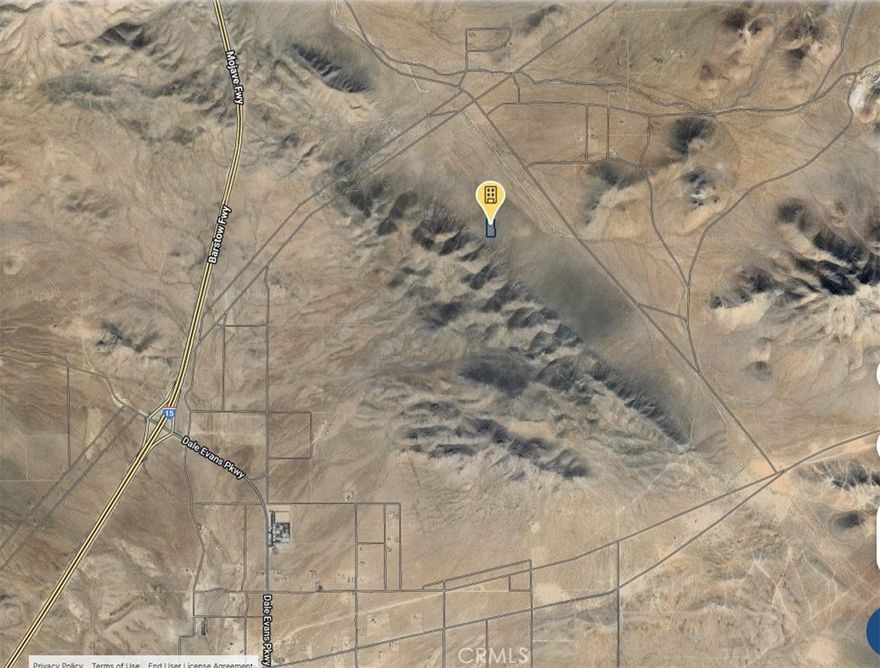 Nice piece of land with great views of the Stoddard Wells Valley, on a moderate upslope. About 2.75 Acres . Some survey markers found on the west side appear to be the NW and SW corners of the lot however, buyer must verify all information including, but not limited to zoning, utilities availability and cost, property boundaries, permitted uses, etc; prior to complete the purchase. Owner is a licensed California Real Estate Broker. Looking for all cash sale, however owner may carry the note fully amortized for up to 3 years with $9000.00 down and balance to carry a 10% interest. 36 Payments of about $505.62 per month to pay off in full. Price is firm whether cash or financed. Lot is located about 2.5 miles north of Dale Evans Pkwy on a dirt road through power lines rd. Not too hard to find. Approximate coordinates 34.661012, -117.184716