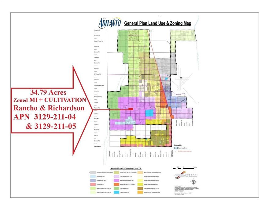 INDUSTRIAL LAND FOR SALE totaling 34.79 acres on one of Adelanto's major streets.  Defunct Adelanto Dirt Race Track - previously the property had a 3/8 mile clay oval track in front, with a Motocross Race Track in rear. Plenty of parking for race days. Easy to convert back for industrial uses. Now located in Adelanto's Heavy Manufacturing Industrial Zone (MI zone).   Zoning allows Heavy Manufacturing, Heavy Industrial and even Cannabis Uses. Check with the City of Adelanto for possible uses. Seller will provide financing with as little as 15% down. AND, Seller is even willing to consider auto-related items as part of the down payment and/or joint venture! Be Creative! City is very friendly towards developers.  Lot features 1295 feet of frontage on Rancho Road. But, it is located about 1.0 miles west of Koala Rd where pavement and utilities end. Some buildings are in the planning stages between Koala and our location, and should be breaking ground soon. Again, Submit all of your Creative Offers...all offers will be considered. Seller's health forces sale.