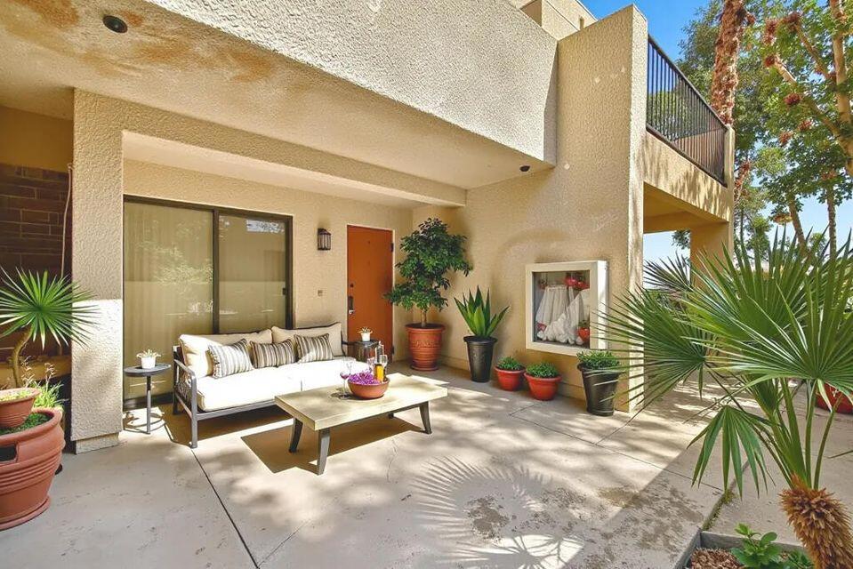 Spacious 2BR Condo + 3 Private Patios in Camino Del Sol - Lush Landscaping + Resort Amenities Located in the beautifully maintained Camino Del Sol community, known for its quiet atmosphere, lush desert landscaping, and resort-style amenities (2 pools and spas, 2 tennis courts, and a clubhouse). This is one of the largest 2BR/2B in the complex, featuring 3 large private outdoor patio areas-- perfect for gardening, quiet mornings, and additional areas for entertaining. It is a uniquely elevated ground-floor unit (accessible by a short flight of stairs), offering the ease of single level living and a 'tucked-away' feel with the privacy and peace of an upper level unit. It is located conveniently next to the parking area, making trips to and from the car seamless, and just minutes from downtown Palm Springs, making this home perfect for long-term tenants seeking comfort, convenience, and an easy lifestyle.
