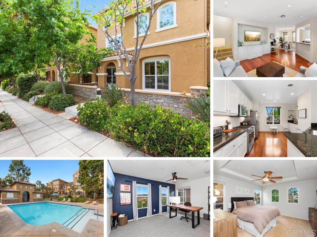 Largest townhome plan in Morgans Corner at San Elijo Hills, featuring 3 beds, 3.5 baths and 1740 ESF with private outdoor courtyard entry. The bright and open first floor features an oversized gourmet kitchen, dining room, living room with media niche/ built-in cabinetry, and half bath. Large kitchen boasts white cabinetry, granite counters, stainless steel appliances, pantry and room for eat-in breakfast nook. Primary bedroom is located on the second floor with ensuite bath, dual vanities and walk-in closet, plus the second bedroom, full bathroom, an office nook and fully equipped laundry room. This home offers a rare layout with the third floor as a spacious full bed and full bath, overlooking the San Elijo town center. Upgrades include wood flooring, sound-proof windows, upgraded appliances, custom lighting, motorized window coverings, built in desk/ cabinetry, granite counters and more. Washer/ dryer/ fridge are included. Other features include A/C, attached 2 car side by side garage with 220v outlet for your EV and private courtyard. The desirable Morgans Corner neighborhood with community pool & spa is located in the award winning community of SAN ELIJO HILLS. Walk to shops and restaurants as well as top-rated local schools (Elementary and Middle School), ballparks, soccer field, picnic tables, bbq, playgrounds and dog park. Enjoy 18 miles of trails & 19 acre park in San Elijo Hills and a quick 15-minute drive to beaches in Encinitas and Carlsbad. Live the Southern California lifestyle, enjoy a great downtown vibe within walking distance to all the conveniences. Room dimensions & sq footage are approximate, per builder & assessor's record. Mello-roos is estimated. All MLS and marketing info is approximate and not guaranteed.
