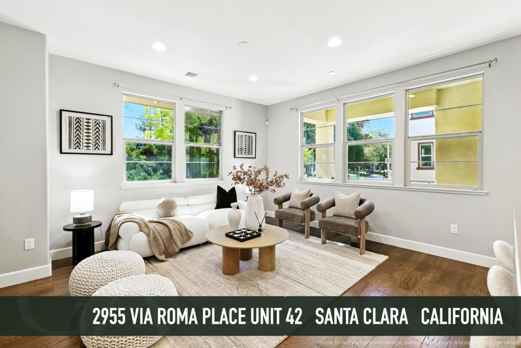 Delightful townhouse right beside Central Park. This END UNIT boasts windows, filling every corner with natural light. The second level features an open floor plan with a spacious kitchen and large island, a bright living room with an oversized balcony perfect for soaking up the California sunshine. The primary suite impresses with a double-sink vanity, and a walk-in closet. Another suit is located on the third floor too. Additional highlights: a side-by-side garage, and community amenities: swimming pool, hot spa, BBQ area, and playground. Ideally located near major tech companies (Apple, Nvidia, Google, Amazon) and top private schools (Stratford, Challenger, Basis, Monticello, Harker). Enjoy walkable access to Central Park, Safeway, Parks, Library, Magical Bridge Playground, basketball courts, tennis courts, an Olympic-size swimming club, a community center, and a variety of restaurants and stores.