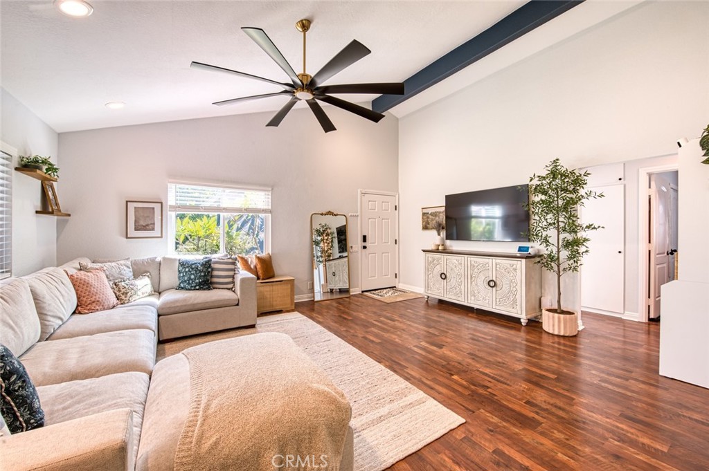 Welcome to this charming single-level Cordova home, nestled in the heart of Mission Viejo. This thoughtfully designed residence offers three bedrooms and two bathrooms, featuring high vaulted ceilings and abundant natural light in the spacious open-concept great room. The primary bedroom includes an ensuite bathroom, while two additional guest bedrooms and a guest bathroom provide ample additional accommodation. Step into the private backyard, an ideal space for relaxation or entertaining, enhanced by low-maintenance, water-efficient landscaping with premium turf. The home benefits from a solar panel system, contributing to energy efficiency. Enjoy the perks of a vibrant community with low HOA fees and availability to exclusive access to Lake Mission Viejo. Experience comfort and convenience in this inviting home.
