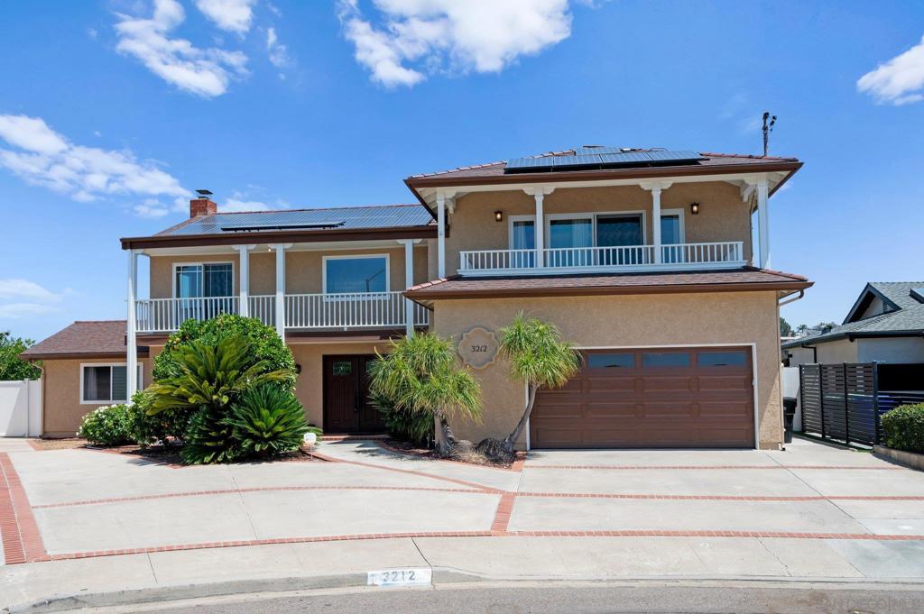 Large Bay Ho Home on Oversized Lot with Solar, Views & Premium Upgrades! Beautifully updated & energy-efficient, nestled on a quiet cul-de-sac with fully owned solar, boat/RV parking, & views of Mount Soledad & the Bay! Sitting on an oversized lot with artificial turf, a putting green, & expansive composite deck, this property offers exceptional outdoor living. Inside, the first floor showcases a stunning remodeled kitchen with gray quartzite waterfall countertops, custom cabinetry, & top-of-the-line stainless appliances, including a Bertazzoni 6-burner gas range, Bosch dishwasher, Samsung refrigerator, built-in microwave, & warming drawer. The kitchen opens to a dedicated dining area & a spacious living space. A ground-floor bedroom with vaulted ceilings provides a perfect guest suite or home office, & the remodeled half bath features matching quartzite. Upstairs, a massive entertaining space/office or convert to a 4th bedroom? Complete with wet bar & its own private patio with water views. The oversized second bedroom is served by a hall bath with dual vanity sinks. The primary suite features its own private patio, dual vanities, a separate shower, & a luxurious soaking spa tub. Living/dining room leads to a bright enclosed sunroom & continues out to the spacious back yard! Notable upgrades include: Fully owned solar, Air conditioning (2019), new furnace (2024), Mini-split A/C in guest room (2025), New water heater (2020), Kitchen plumbing & disposal (2025), New exterior paint & lighting (2025), Interior touch-ups (2025), Backyard Turf (2018)