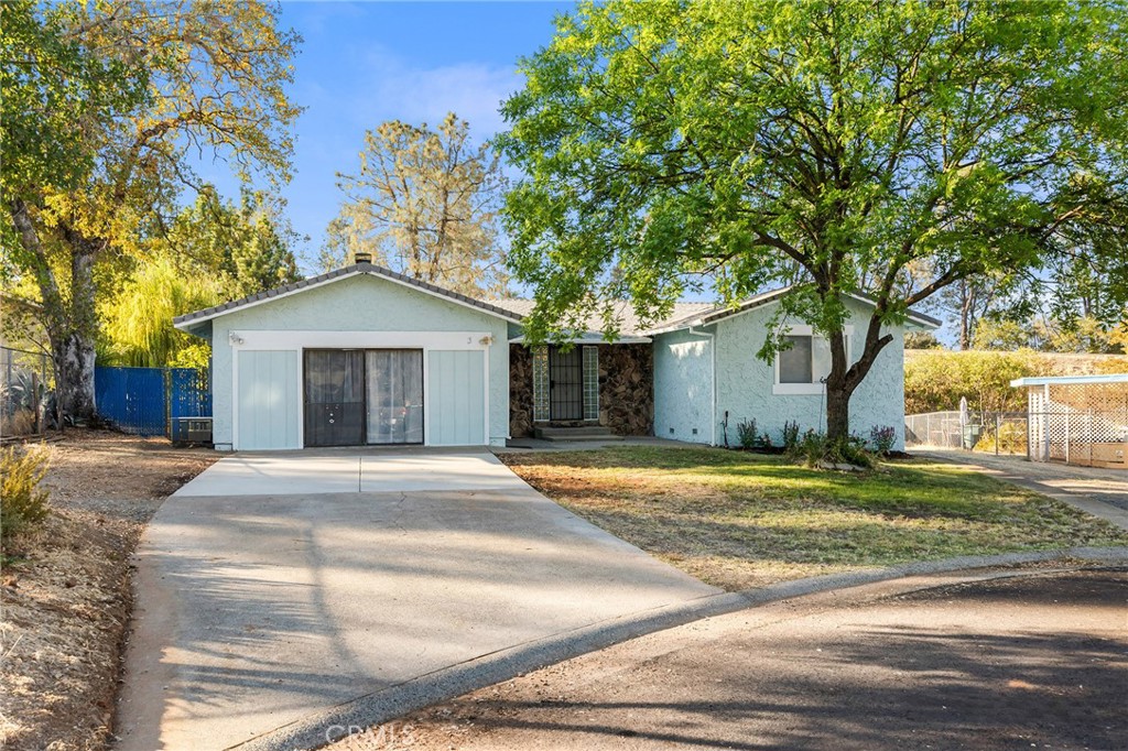 Fall in love with 3 Stallion Court—where comfort meets possibility in a highly desirable Oroville cul-de-sac! This 2-bedroom, 2-bath charmer features central heat & air, two fireplaces, and a spacious bonus room with dry bar and private entrance—perfect for entertaining or converting into a third bedroom. Enjoy stylish updates including new laminate flooring, recessed kitchen lighting, new ceiling fans, a mini-split for year-round comfort, and a large laundry area for added convenience. Assumable leased solar and Lake Oroville PUD service help keep utility bills low. Outside, the 0.23-acre lot shines with a large front yard, a fully fenced back yard, and an accessibility ramp and concreate pathways that lead you from the large newly resurfaced and painted patio to the garage. The oversized garage offers boat storage, vehicle storage, office space, loft storage and ADU potential—plus RV parking and not one but two separate driveways ensure you are ready with plenty of parking for social events. All this and just minutes from shopping, schools, and Lake Oroville’s outdoor adventures!