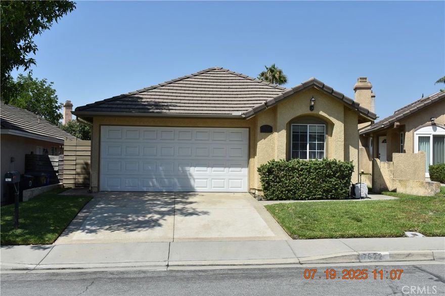 Beautiful single-story home is perfect for the family looking to move into a nice neighborhood! The bright & open floorplan features tall ceilings & sky light that brings in a ton of natural light with 3 spacious bedrooms & 2 full bathrooms. The primary bedroom has vaulted ceilings & sliding glass door out to the rear yard. The open living room features a beautiful rock faced fireplace & formal dining area. The kitchen features ample cabinet & counter space plus a cute breakfast nook, includes a Fridge & direct access to the attached 2 car garage with laundry area which includes washer and dryer. The rear yard features a Aluma wood covered patio and is perfect for entertaining friends & family for a bbq. The home also has an upgraded heating & A/C system, extra blown-in insulation, conveniently located near parks, Victoria Gardens Outdoor shopping, Ontario Mills and the local freeways