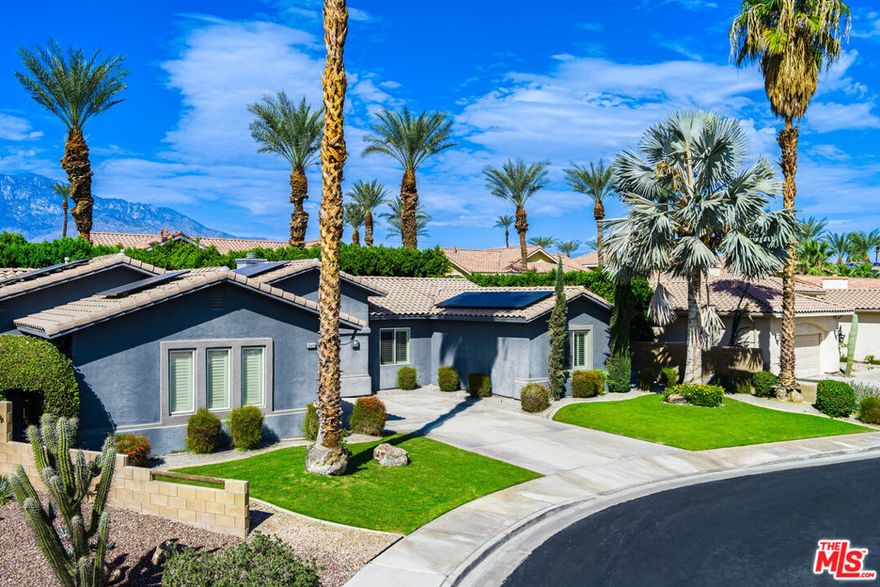 Welcome to 35659 Felicity Place, a beautifully maintained single-level home tucked away on a quiet cul-de-sac in the desirable gated community of Serenity Cove in Cathedral City. This 3-bedroom, 2-bathroom residence offers approximately 1,911 square feet of living space on a spacious 7,841 sq ft lot. The open-concept layout features a bright and airy great room that seamlessly connects the family room, dining area, and kitchen-ideal for both entertaining and everyday living. The primary suite is a true retreat, complete with a generous bedroom, ensuite bathroom, and direct access to the private backyard oasis. Step outside to enjoy a beautifully landscaped yard with a sparkling in-ground pool and heated spa, perfect for relaxing under the desert sun. Inside, you'll find tasteful finishes throughout, including tile flooring, a cozy gas fireplace, and a spacious laundry room. The home also includes an attached 2-car garage and a large driveway that can accommodate up to six vehicles. Located just minutes from shopping, dining, schools, golf, and Palm Springs, this home offers the perfect blend of privacy, comfort, and convenience for year-round living or a seasonal retreat.