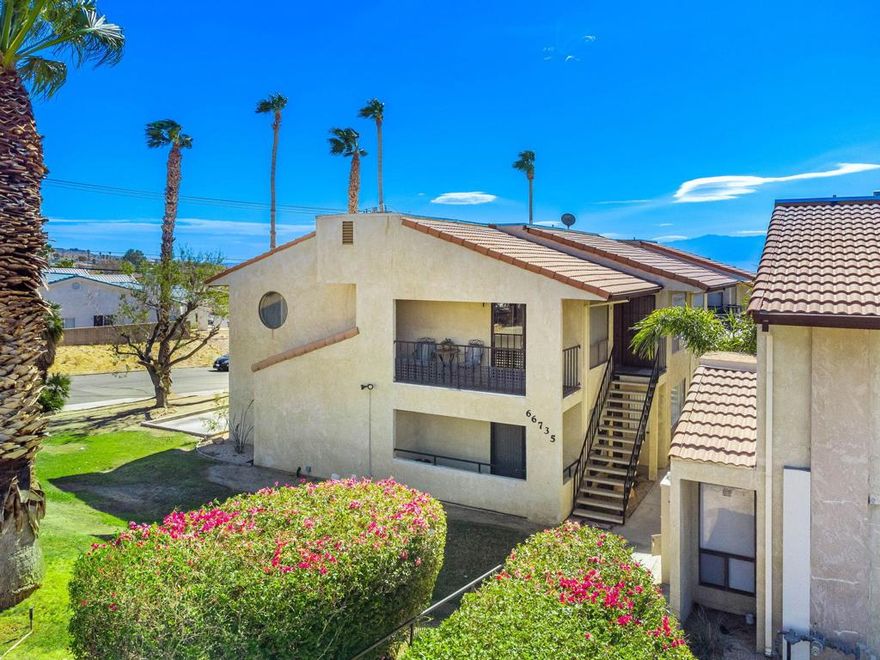 HIDDEN GEM! Welcome to the condo community of Vista Del Jacinto located in the serene upper region of Desert Hot Springs. This 2 bedrooms, 2 bathroom condo boasts over 1,000 sqft and is situated on a top corner unit with panoramic mountain views and a private balcony. This upgraded and furnished property is a spaciously designed with abundant natural light throughout. The well-appointed kitchen has been upgraded with gorgeous granite counters, custom wood cabinetry and appliances included. Both bathrooms showcase upgraded vanities and the primary bathroom has an upgraded shower. This condo offers a detached 1 car garage for additional storage or to park a car. Community amenities include a full sized pool, whirlpool spa, sauna and laundry facilities. The HOA fee also includes water, trash and landscaping. This home is zoned for Bella Vista Elementary School, Painted Hills Middle School and Desert Hot Springs High School. DHS is famous for its natural hot and cold mineral springs, which attract visitors from around the world. Many local amenities have mineral-rich water access, known for its therapeutic qualities.