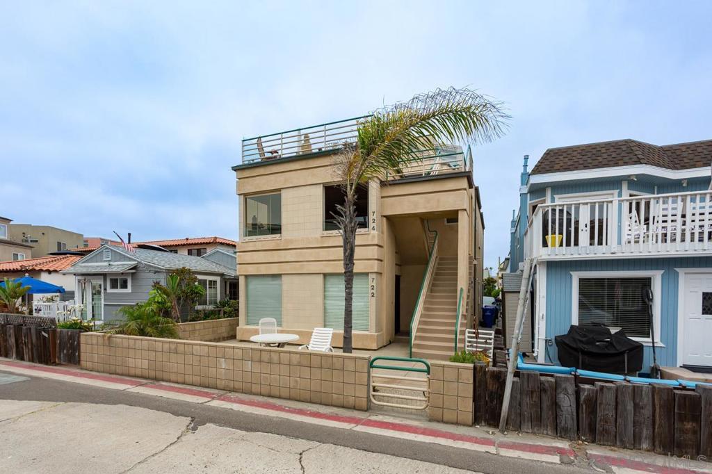 724: owner's unit. Flexible floor plan. Large 3rd floor view deck. Back deck. 722: 2B2B long term rental ..shown with accepted offer 2nd & 3rd floor....Owner design & built in 1988. Many extras: dumbwaiter, Jenn air stove, inside access to garage from 2nd floor. Both units have hardwood flooring, washer/dryer. Large windows allowing lots of sun/light. 724 has custom front windows and pella windows thru out. View of beach, water & sunsets. Loads of windows some greenhouse design. Great opportunity to own in South Mission. Located on north-sunny side of the San Luis Rey Place. Steps to beach. Two car garage-724. Single parking space for 722. Copper Roof Lockbox will available after caravan on 7/22