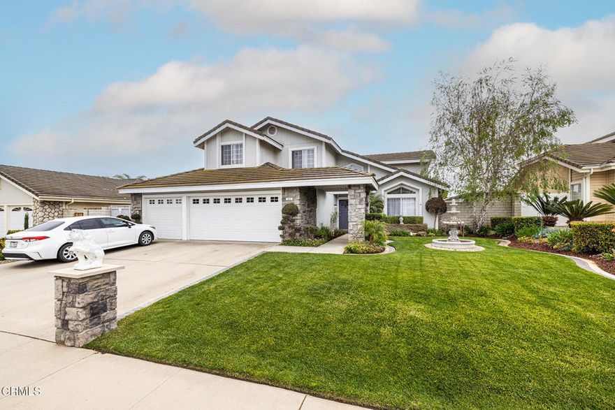 PRICED TO SELL!Welcome to the highly sought-after Camarillo Heights neighborhood, across the street from the newly renovated Eldred Lokker Memorial Park. This spacious 5-bed, 2.5-bath home offers vaulted ceilings, an updated kitchen with granite counters, a farm sink, stainless steel appliances, a mobile island, and deep drawers. The formal living and dining rooms feature travertine and marble flooring with a stunning medallion. The cozy family room includes a dual gas/wood-burning fireplace. Upstairs, the oversized primary suite has dual closets, a private 16.5-ft balcony with panoramic views of mountains, ocean, and fireworks, plus a luxurious bathroom with a walk-in rain shower and toilet closet. Additional features include a Butler's pantry/laundry with a deep cast iron sink, a curved staircase with wrought iron railings, an updated Jack & Jill bath, and travertine floors throughout. The entertainer's backyard boasts multiple seating areas, fountains, Italian Cypress trees, a tranquil pond, a greenhouse, and a 12'x9' concrete shed. Bonus room offers guest quarters or a possible rental. EV hook-up available. This home is move-in ready and situated in a serene yet conveniently located area, and only 7 minutes from the Camarillo Premium Outlet Mall!  Schedule your private showing today!