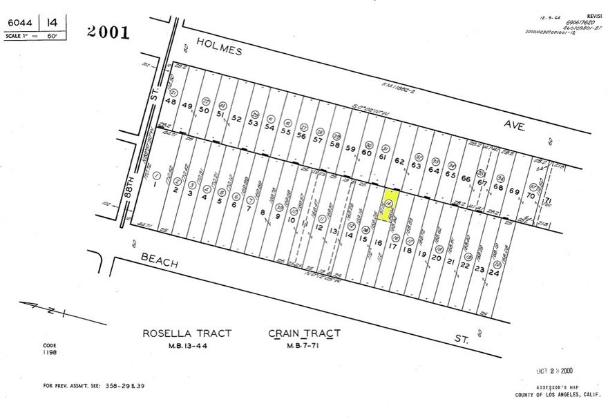 Great opportunity to own a compact infill lot in a well-established residential neighborhood of Los Angeles, located just off Beach Street and near Holmes Avenue. This 1,411 square foot lot (APN: 6044-014-014) sits mid-block between existing homes, offering rear alley access and close proximity to utilities. The parcel is surrounded by single-family residences and is ideally positioned near schools, parks, and local amenities. A rare chance to secure a small piece of land in a densely developed area of the city. ****No soils reports, surveys, etc., have been done. Buyer and buyer's agent to verify all information with the city or county for allowable uses and requirements  and rely on their own investigations. **Buyer responsible for checking zoning, utilities, permits and exact property boundaries. ****