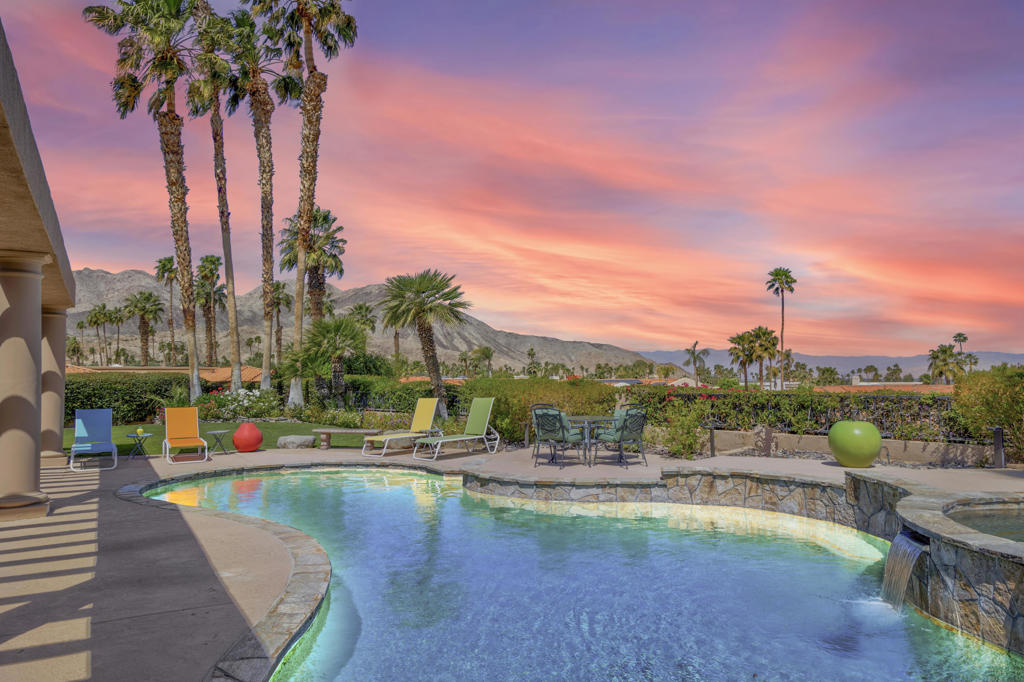 Perched on an elevated corner lot in South Palm Desert's prestigious Monterra community, this spectacular residence commands panoramic views from every angle. Across from Ironwood Country Club, this extensively renovated 4-bedroom, 4-bath showpiece is the largest floorplan in the community. The home's thoughtful redesign removed walls to create an expansive, free-flowing living space perfect for sophisticated entertaining. Step outside to the resurfaced textured patio featuring a built-in BBQ and remodeled pebble tec saltwater pool--all while surrounded by majestic mountain vistas and sweeping down-valley views. As one of approximately 100 residences in this intimate gated community, this property boasts arguably the most spectacular outlook in all of Monterra. This meticulously updated corner residence delivers the quintessential desert lifestyle with uncompromising luxury and unparalleled views in every direction. The prime South Palm Desert location offers convenient access to world-class shopping and fine dining destinations. Welcome home!