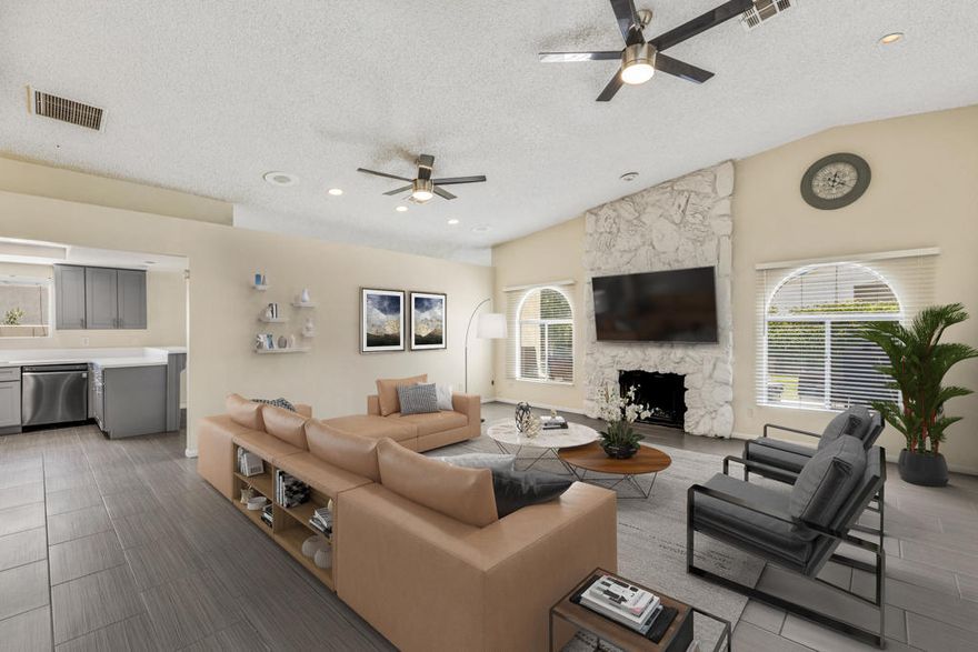 Welcome to Cathedral City's most desirable neighborhood ~ Rio Vista! This completely renovated home has been upgraded with the finest touches ready for you to move in. New tile flooring and carpet throughout. Remodeled kitchen with stainless steel appliances and private dining area. Large master suite with expansive walk-in closet, master bath with his and her sinks, large walk in shower with pebble river walk flooring. Spacious backyard with gorgeous San Jacinto Mountain views! Oversized front driveway with room for RV parking. Leased Solar system through Renova Energy. Please make sure to check out the 3D Walkthrough. Call today for more information, this is a wonderful property you do not wan't to miss out!