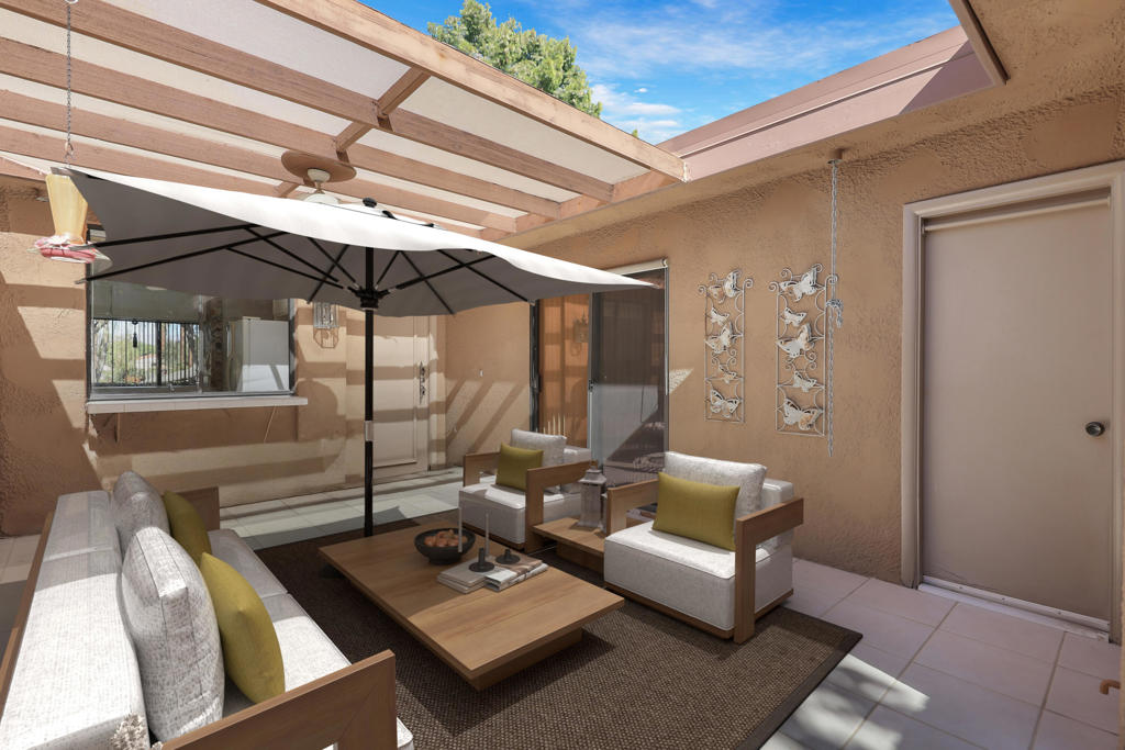 This one-bedroom, one-and-a-half-bath condo is ideal for low-maintenance living or relaxing seasonal getaways. The front courtyard enjoys plenty of morning sun, perfect for sipping coffee, while the back patio offers a park-like setting with trees, lake views, water features and glimpses of the mountains. Sunrise Country Club is a guard-gated community with 746 residential condos, an 18-hole golf course, 9 championship tennis courts, 10 Pickle Ball courts and 21 swimming pools and 19 spas. Club amenities include golf, tennis, fitness center, clubhouse dining room & grill at discounted prices. Conveniently located in Rancho Mirage, it's close to shopping, dining, and entertainment at The River and El Paseo, with Eisenhower Hospital just minutes away. Palm Springs International Airport is only a 15-minute drive.