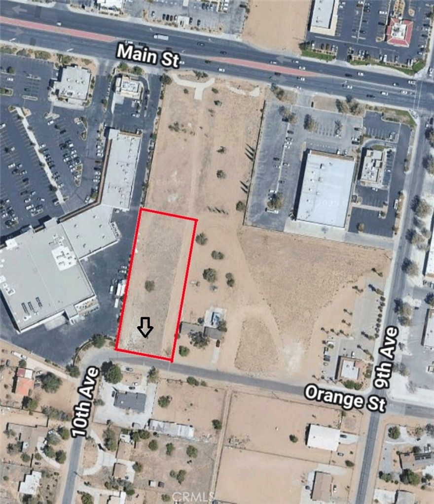 Prime commercial parcel – approx. 1.03 acres at Orange St & 10th Ave, one block south of Main St. Zoned C2 (General Commercial). Excellent location adjacent to shopping center with Cardenas Markets, Wienerschnitzel, and Rent-A-Center. Close to Hesperia City Hall and major commercial services. Buyer/agent to verify zoning, utilities, lot size, and intended use with City of Hesperia.