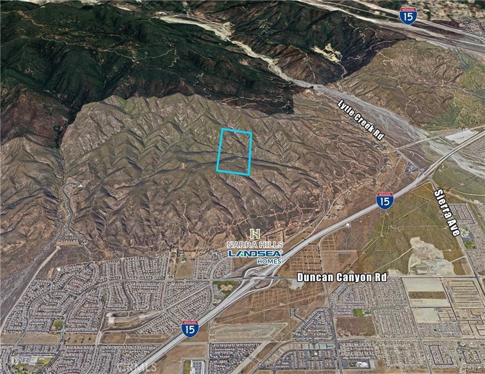 80 ac in the Foothills above North Fontana. County Zoned SD-RES (Special Development). The SD zoning allows for a combination of residential, commercial, industrial, agricultural, open space and recreation uses. The “RES” suffix indicates focus on residential Planned Development projects. Great Opportunity to acquire for the future and the theoretical residential development expansion into the hills. Landsea Homes has a new development at the base of the foothills called Narra Hills.
