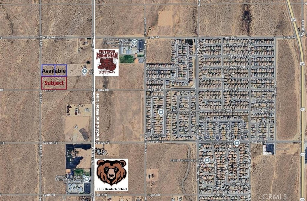 Possible 44 lot subdivision in the City of Adelanto. For sale is 4.61+- acres with up to 8.79+- being available of Single Family R-S5 zoning which allows 5 homes per gross acre with a minimum size of 5,000 sq feet per lot. Thus this lot can have up to 23 homes per the zoning and up to 44 lots with the other lots that are available adjacent to this lot. This lot has 636 feet of road frontage on Poppy Rd and 316 feet of road frontage on Liliac Rd. This lot is in the path of development and walking distance to two elementary schools. Electricity and water is on Bellflower St and possibly sewer. Buyer to verify.
The GPS Coordinates to this lot are:
NW: 34.540327, -117.421317
NE: 34.540340, -117.419222
SW: 34.539463, -117.421319
SE: 34.539470, -117.419217