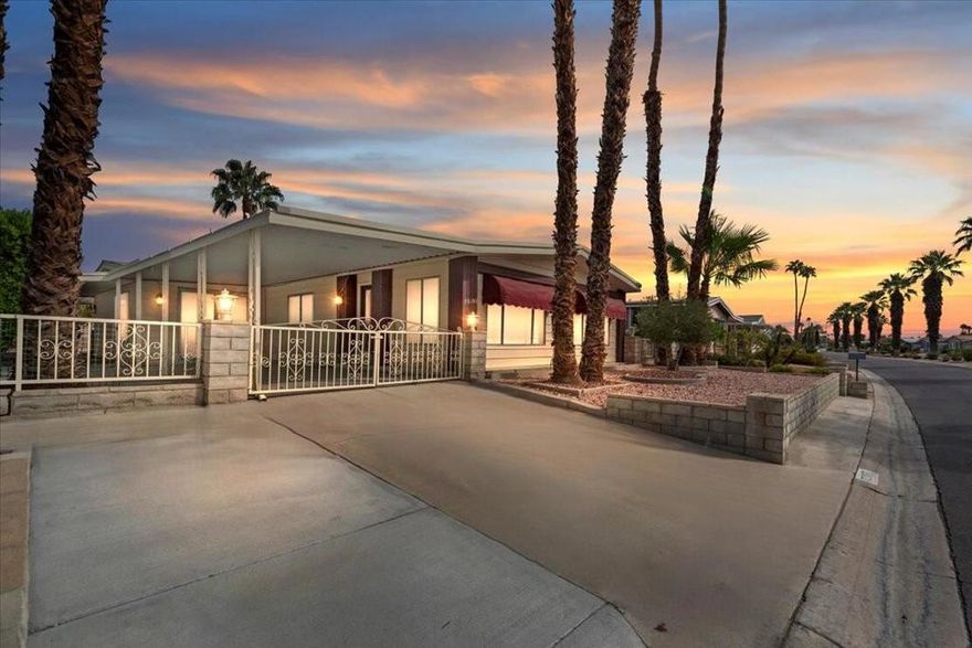 Welcome to Palm Desert Greens Country Club, one of the desert's most sought-after guard-gated 55+ communities offering a vibrant lifestyle at an incredible value! This spacious Golden West triple-section manufactured home boasts 3 bedrooms and 2 baths across a spacious, light-filled layout. It's a fantastic opportunity for buyers looking to enjoy resort-style living without breaking the bank. Step inside to find new carpet, updated cabinet pulls, and thoughtful touches throughout that make the home feel fresh and move-in ready. The open living and dining areas are ideal for entertaining or relaxing, and the kitchen offers plenty of cabinet and counter space. A large shed in the backyard provides extra storage or hobby space, always a bonus! Outside, you'll love the low-maintenance lot plus easy access to community amenities just minutes away. For just $400 per month, your HOA dues include unlimited golf on the 18-hole executive course, along with access to three community pools and spas, tennis and pickleball courts, a fitness center, bocce, shuffleboard, and a lively clubhouse with restaurant and bar. Palm Desert Greens is centrally located near El Paseo shopping, dining, and entertainment, offering the perfect blend of relaxation and recreation. Whether you're seeking a full-time residence or a seasonal desert escape, this home delivers the lifestyle so many are searching for at a fabulous price of $285,000! Come see why Palm Desert Greens remains one of the best values in the Coachella Valley for golf lovers and active adults alike. Some images have been virtually staged to show potential furniture placement.