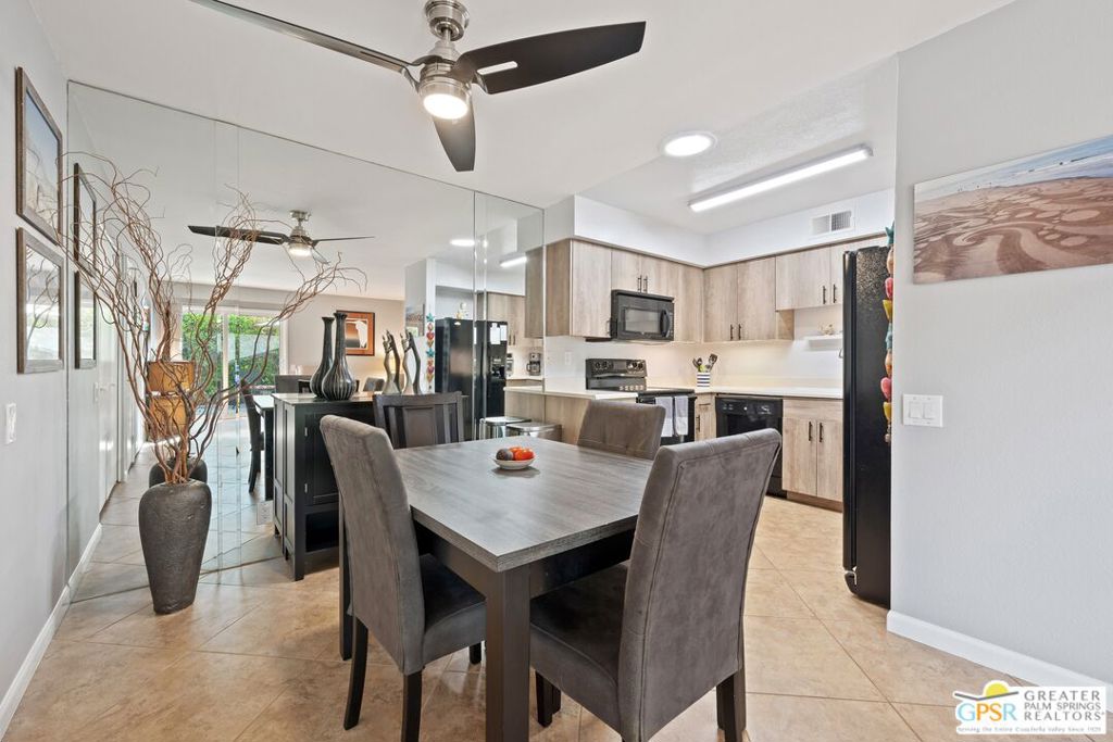 A charming single-level, 3 BR, 1 BA condo, tucked into a quiet culde sac within the gated Sunrise Palms community. The generously sized yard is perfect for outdoor entertaining, gardening or simply unwinding in complete privacy and tranquility. Dual paned Milgard sliders and windows, HVAC replacement in 2022, 3 ceiling fans and a kitchen Solatube skylight all contribute to cost saving energy efficiency. Beautifully renovated bathroom with Terazzo floor, an updated kitchen, garage and private laundry makes this condo both comfortable and convenient. Resort-style amenities include basketball, tennis and pickleball courts, 8 refreshing pools and relaxing spas to unwind and rejuvenate. It's well maintained and this is your opportunity to own an affordable year-round home or part time desert getaway!