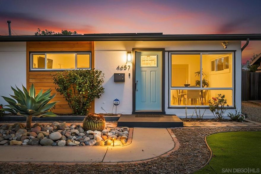 Welcome to this beautifully updated, turnkey 3-bedroom, 2-bath home ideally nestled right on the border of the highly desirable Clairemont Mesa and Bay Ho neighborhoods. Offering 1,491 sq ft of thoughtfully designed living space, this home provides more room than many in the area, featuring a spacious living room centered around a charming, oversized fireplace—perfect for gathering and entertaining.  The home has been tastefully remodeled throughout with dual-paned windows, luxury plank flooring, quartz countertops, and stainless steel appliances. The improvements continue outside with drought-tolerant landscaping in the front, and a low-maintenance backyard complete with high-end Belgard pavers, a built-in firepit, and a covered patio. The yard is also pre-plumbed for a hot tub, offering even more potential for outdoor enjoyment.  Modern upgrades include a 4.49 kW owned solar system, a hardwired EV charger, updated electrical, and a newer roof (2022)—providing efficiency, sustainability, and peace of mind.  Located just minutes from Mission Bay, the coastal canyons, La Jolla Shores / Pacific Beach, UTC Mall, local hiking and biking trails, shopping, dining, and easy freeway access, this home offers the best of central San Diego living.