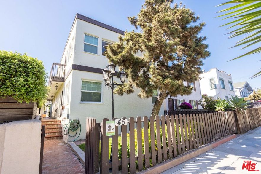 Paloma Realty Partners is proud to present 45 Paloma Avenue, an 8-unit value-add multifamily opportunity located just blocks from the beach in the heart of Venice, one of Los Angeles' most sought-after rental markets. This offering includes eight existing units with the ability to add an ADU, with 3,944 SF of rentable space, situated on a 3,901 SF RD1.5-zoned lot. Positioned just minutes from Abbot Kinney, Rose Avenue, and theVenice Boardwalk, the property benefits from consistent tenant demand and walkable access to restaurants, shops, and major employment hubs. This is a compelling opportunity for investors seeking a stabilized Westside asset with value-add potential and built-in rent growth.The unit mix features 6 studios, and two two-bedrooms units. The seller has resided on the premises for 30 years, and the owners unit is a 2bd/2bth three story townhome with a private roof deck and ocean views. The property was updated in 2012 with new electrical, plumbing and roof throughout. With in-place income producing at a 5% cap rate and pro forma projections reaching 8%the asset provides both immediate yield and long-term upside. 50% LTV Seller financing available for qualified individuals, please connect with agents to learn more.