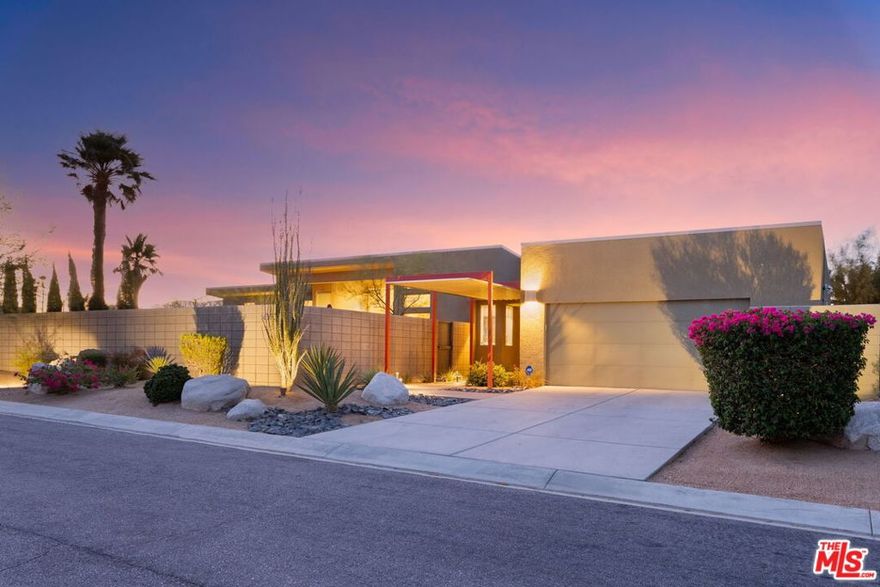 Welcome home to modern desert living at its finest. This stunning Cipriano model home sits in the highly coveted Murano community of Palm Springs, a neighborhood known for its clean lines, mountain views, and timeless mid-century style. Designed by Jim Chioffi, this residence blends architectural beauty with effortless comfort, offering the best of both worlds: classic Palm Springs flair and modern-day luxury.Inside, natural light pours through 8' sliding glass doors and clerestory windows, illuminating polished concrete floors, stainless steel appliances, and sleek quartz countertops. The open layout is perfect for both relaxing and entertaining, with a custom fireplace anchoring the main living space in warmth and sophistication. Each of the two primary suites feels like a private retreat, complete with walk-in showers and thoughtful design touches throughout. A third bedroom and flexible den/office, with two full beds, make it easy to host family and friends. New solar. Step outside and discover your own desert oasis: a private pool and spa surrounded by a block wall for privacy, framed by the stunning San Jacinto mountain backdrop. Every detail, from the covered walkway entrance to the designer finishes, has been crafted for beauty, comfort, and ease of living. Whether you're searching for your full-time sanctuary, a stylish second home, 1090 Azure Ct offers that rare combination of design, location, and lifestyle that defines the true Palm Springs experience.