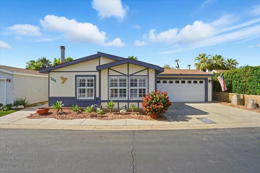 Affordable Desert Living, Elevated Step into this stylish, partially furnished, 3-bed 2-bath, 2-car garage home in the beautiful 55+ Suncrest Country Club -- where comfort meets convenience in the heart of Palm Desert. The kitchen steals the show with granite countertops and a bright skylight that fills the space with natural light. The white plantation shutters throughout add a clean, modern touch, while the wood-burning fireplace brings cozy charm on those cool desert evenings. The primary suite is located in the back of the home with french doors leading to the backyard.  The third bonus bedroom is nearby, that's perfect for an office, reading nook, or creative space. Both bathrooms have been tastefully updated, so there's nothing left to do but move in and start enjoying.Step outside to your private backyard with beautiful mountain view's -- the perfect spot for morning coffee or sunset happy hour. The home also features a newer central A/C system, two-car garage, side-by-side parking, and yes -- the golf cart is included!Suncrest Country Club is known for its friendly vibe and resort-style amenities -- golf, pickleball, tennis, pools, and a social clubhouse -- all just minutes from grocery stores, dining, and everything Palm Desert has to offer.Move-in ready. Effortlessly stylish. Perfectly Palm Desert.