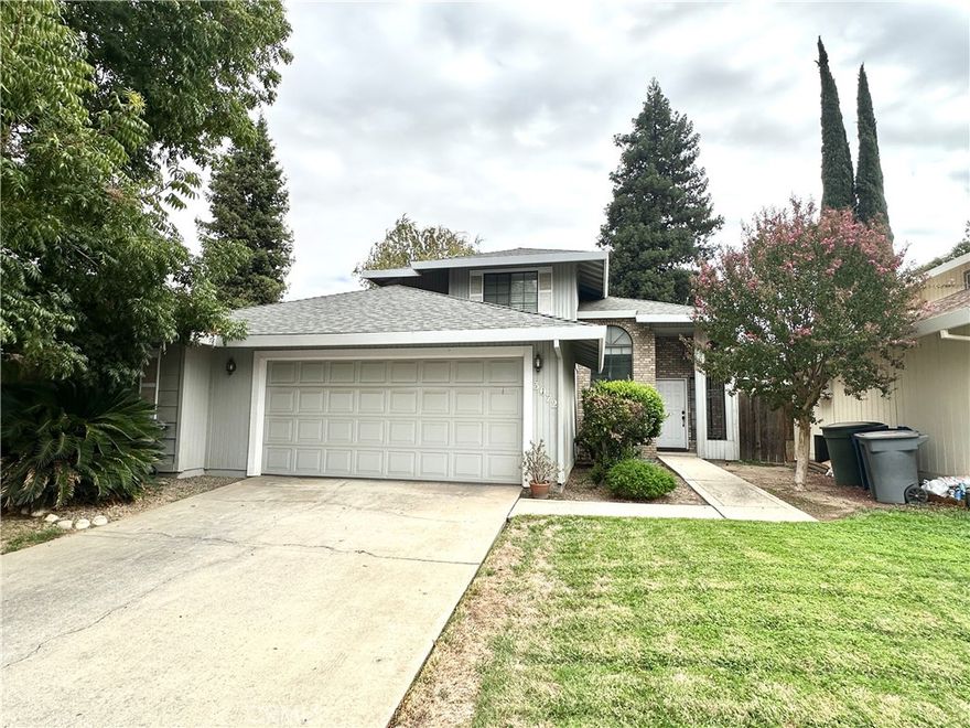 Welcome to this beautiful 3-bedroom, 2.5-bathroom home nestled in a quiet cul-de-sac in North Merced. With nearly 1,900 sq ft of living space on an almost 5,000 sq ft lot, this well-maintained property offers comfort, privacy, and convenience. All bedrooms and two full bathrooms are located upstairs, while the half bath is conveniently situated downstairs. Step inside to an open floor plan featuring a double-sided fireplace and abundant windows that fill the home with natural light. The kitchen boasts plenty of cabinets, an electric range, dishwasher, and microwave—perfect for home cooking. The spacious primary bedroom offers a skylight, private balcony, walk-in closet, and dual vanities. Enjoy the landscaped front yard with mature greenery and a private backyard with ample space for entertaining. Additional highlights include a newer furnace and a 3-car garage for added storage or parking. Located near schools, shopping, and centrally located for easy access to everything.
