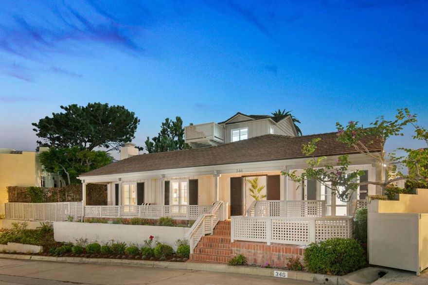Beautiful and rare, this Coastal California Charmer in the Beach and Barber Tract is set in one of La Jolla’s most coveted neighborhoods, within steps of the ocean. Attention to detail is found in the original, refinished hardwood floors anchored by a grand fireplace to soaring cathedral ceilings with exposed trusses and numerous windows and doors for a light-filled, sunny home. The upstairs bonus room opens to a rooftop balcony for ocean and sunset views, while a variety of patio spaces and a welcoming front porch invite indoor-outdoor living. Enjoy the private, gated grounds with its brick courtyards encircled by mature trees – ideal for al fresco dining or quiet relaxation, set just moments from La Jolla’s world-renowned village retail district with white sand beaches and surf at your doorstep.