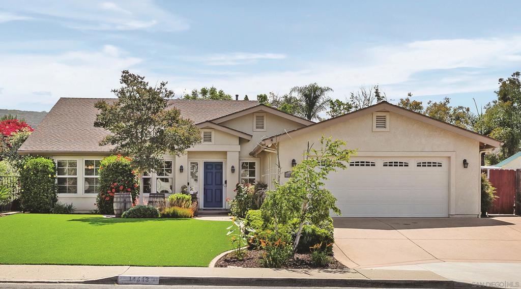 Welcome to your dream retreat in the heart of Poway! Tucked away on a peaceful cul-de-sac in one of the area’s most desirable neighborhoods near the base of picturesque Tooth Rock, this beautifully updated single-story home blends style, comfort, and convenience in all the best ways. With 4 spacious bedrooms and 3 full bathrooms, including the rare luxury of dual primary suites, this home offers flexibility for multi-generational living, guests, or a private office retreat. Step into the expansive great room where, rich laminate flooring, and a cozy gas fireplace create a warm and inviting atmosphere. French doors open to your own private backyard paradise, where a sparkling solar-heated pool awaits. Enjoy warm summer evenings under the covered patio complete with ceiling fan, gather around the built-in gas fire pit, or simply unwind in one of the multiple seating areas nestled among lush landscaping. The vibrant grass lawn is perfect for lounging or play, framed by mature fruit trees that add shade to this tranquil outdoor haven. The open-concept kitchen features a spacious breakfast bar, stainless steel appliances, and easy flow for everyday living and entertaining. Curb appeal shines with low-maintenance turf in the front yard, accented by elegant stamped concrete walkways and meticulously curated greenery. Located just a short walk to award-winning elementary and middle schools and close to scenic hiking trails, shopping, dining, and all that Poway has to offer, this exceptional home offers the perfect blend of peaceful suburban living and everyday convenience! See Supp Notable Upgrades & Features... *Beautiful turf landscaping installed in the front yard (Nov 2024), enhancing curb appeal and reducing maintenance. * Both primary bathrooms fully remodeled with modern finishes (June 2023). * Kitchen remodeled in 2017, featuring an open-concept layout * New refrigerator (Feb 2025) included with the home. *LED lighting and recessed trim installed throughout all main areas of the home (June 2023) for energy efficiency and sleek design. * New laminate flooring installed throughout the entire home (2022) for a cohesive and stylish look. * Three bedrooms and the hall bath repainted (June 2023). * Garage rolling door freshly painted (June 2025). * Side yard wood fencing added for privacy and security (March 2025). * New pool filter installed (2022); pool also features owned solar heating, in excellent working condition. *Backyard offers mature orange and plum fruit trees along the north side