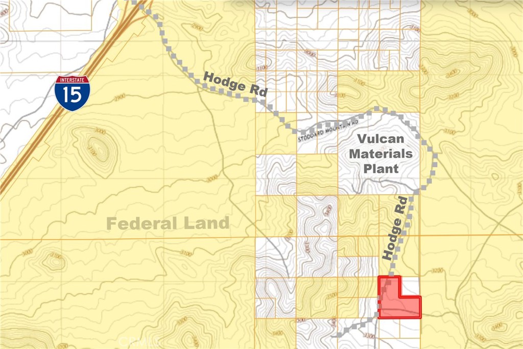 Thirty acres with flattish terrain priced to sell! Offered at an unusually low price for a parcel this size. Located in the path of growth, south of the Barstow outlets. Also, just ½ mile south of the Vulcan Materials plant, which produces construction aggregates. Adjacent to federal land. In your search for land, you’ve probably noticed that many desert parcels are landlocked with no access. However, this one has access via Hodge Rd (also known as Stoddard Mountain Rd on some maps), which adds considerable value.