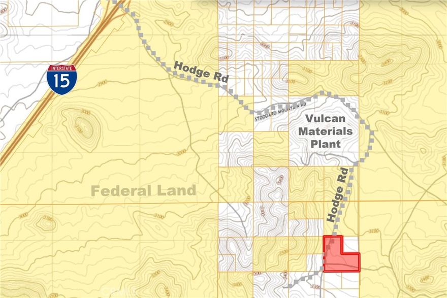 Thirty acres with flattish terrain priced to sell!  Offered at an unusually low price for a parcel this size.  Located in the path of growth, south of the Barstow outlets.  Also, just ½ mile south of the Vulcan Materials plant, which produces construction aggregates.  Adjacent to federal land.  In your search for land, you’ve probably noticed that many desert parcels are landlocked with no access. However, this one has access via Hodge Rd (also known as Stoddard Mountain Rd on some maps), which adds considerable value.