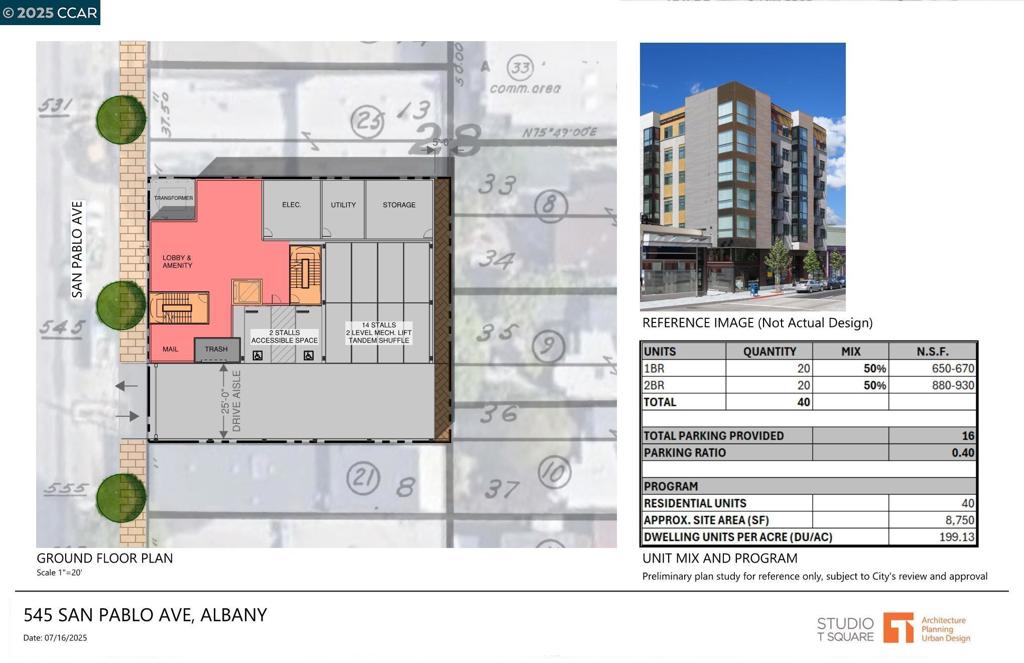 Prime 40-Unit Development Opportunity in the Heart of Albany’s Business District. This is a rare and highly desirable opportunity to develop a 40-unit residential project in the vibrant San Pablo Avenue corridor, Albany’s premier commercial district. The property is ideally positioned near a dynamic mix of national retailers, thriving small businesses, and high-traffic corporate tenants. Proposed plans call for a six-story, 40-unit. 50% 1BR/1BA, 50% 2BR/1BA with 2BR/2BA units. SPC zoning district, which has no maximum residential density limit. Unbeatable Location. Just a 5-minute walk to Sprouts Farmers Market, and a 4-minute walk to El Cerrito Plaza, El Cerrito Plaza BART Station. Minutes to Ranch 99 Market. Solano Ave's bustling commercial strip and the merging Gilman District. Easy access to 1-80 and I-580. Short drive to Berkeley, Emeryville, Oakland, and San Francisco. This is a unique chance to invest in one of the East Bay's most sought-after neighborhoods. A top-ranked public school system. Offering long-term growth potential in a transit-rich, community-oriented location. Views: Downtown
