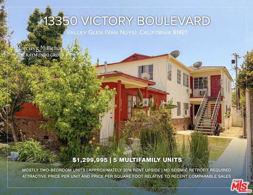 With excellent visibility along one of the San Fernando Valley's main thoroughfares, the property offers an investor the opportunity to add significant value by recapturing approximately 30% in rent upside. Five garage parking spaces in the rear of the property provide a unique amenity for this neighborhood, as well as a supplemental revenue stream. Portions of the plumbing system have already been upgraded with copper pipes. The building is not on the Los Angeles Department of Building and Safety's seismic retrofit list, saving an owner from an otherwise costly renovation (Buyer to verify). Located near the intersection of Fulton Avenue and Victory Boulevard, the property allows tenant convenient access to the 170 and 101 Freeways. NoHo West, a newer mixed-use development, is only two miles from the building and offers residents a variety of dining and entertainment options, including Regal Cinemas, Trader Joe's, LA Fitness, Starbucks, Nordstrom Rack, and Paris Baguette.