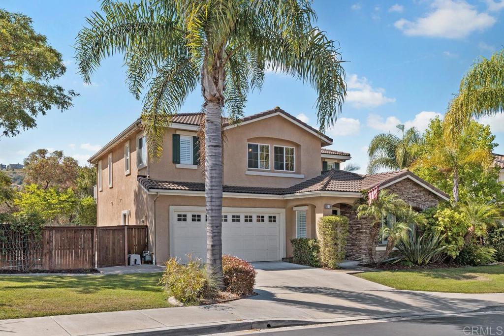 Private pool-sized corner lot with jumbo side yard bonus, full canyon view, and no side neighbor in gated west San Marcos neighborhood. Community of La Fuente is at the VERY westerly tip of San Marcos, conveniently located right between Rancho Carillo and the beloved Simmons Family Park. A smaller enclave of 43 homes in an exclusive neighborhood with private streets and a community park. Lots of natural preserve and walking/biking trails in this region!! Enjoy beautiful sunrises from this large .21 acre view yard. Master bedroom enjoys incredible canyon views off of the large Trex Deck patio. Abundant natural light from the kitchen, family room, and downstairs bedroom. Hard surface wood flooring downstairs and on the stairway. Family room built-in cabinetry. Upstairs laundry room. Large kitchen and breakfast nook area. Formal living area and plantation shutters at front of the home. A terrific layout in a beautiful community. Zoned for Carillo Elementary, San Elijo Middle, San Marcos High School!