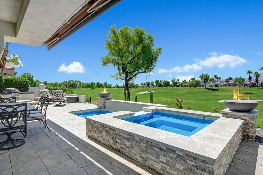 Seasonal lease $14,500/month available January 2026 - April 2026. Welcome home to Indian Ridge Country Club in Palm Desert featuring two Arnold Palmer championship golf courses, a first-class fitness center, pools, tennis, pickle ball and exceptional dining options. Imagine this, a picturesque backdrop with double fairway and southern mountain views situated in one of the most ideal locations inside Indian Ridge, you can experience all of this and more with an amazing newer pool and spa, plus 3 fire pits for entertaining evenings. Open floor plan with panoramic windows that allow you to take in the tremendous dining room, living room and kitchen. Master bedroom is spacious and includes a walk-in closet, bathroom with double vanity, shower and separate bathtub. Plenty of room for guests to enjoy as the bedrooms both with en suite bathrooms. Step outside onto your back patio and you are in the perfect setting for a BBQ with friends while watching the golfers make that birdie relaxing. Use of Landlord's golf membership available with 3 month rental for Tenant use with membership approval. Indian Ridge Country Club is one of the desert's premier private country club communities with a great central location in the Palm Springs area, close to Interstate 10, El Paseo and the airport.