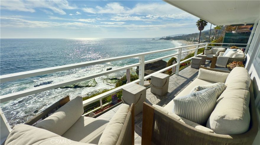 Spectacular Oceanfront retreat with panoramic Coastline views, overlooking The Montage Resort.  This designer-decorated, turn-key beach getaway is tucked behind private gates on Camel Point - an exclusive enclave of just 11 homes just steps to the sand along one of Laguna Beaches' longest stretches of coastline. Ideally located close to shops and restaurants (the entrance to the Ranch Resort and Golf Course is just across the way), shopping at Treasure Island Plaza, and steps to Laguna's luxurious Montage Resort & Spa, which is just a quick stroll along the surf.  Stroll along the sand to Pier One Cafe for a morning Beignet, lunch, or early dinner. All new and completely remodeled, this charming beach house is equipped with everything you need, just bring your suitcase! This light and bright upscale cottage has open-concept Living and Dining areas with forever ocean views to Palos Verdes. Enjoy Catalina Island Sunsets from every room!  Beautiful architectural details throughout - from the wide-plank french white oak flooring, a stone-surround fireplace in the Living room, a gourmet "Chef quality" kitchen with an oceanview breakfast nook and top-of-the-line appliances including a French Lacanche Cluny gas range and double oven, custom marble countertops, and white custom cabinetry. A Butler's pantry with a Wolf coffee station is perfect for creating your morning brew. This house is as functional as it is stylish and complete with Central Air and interior laundry. Step out to your wraparound deck and expansive outdoor patio area overlooking the picturesque whitewater views below. A main-level guest bedroom retreat opens to a courtyard garden patio and the two ensuite bedrooms (including a spacious Primary Suite) on the lower level open to an oceanside patio with Coastline and City light views. Let the waves lull you to sleep after a relaxing day sunbathing on the beach, paddleboarding, or surfing at one of Laguna's famed surf spots.  This is a special property with ample indoor/outdoor spaces and lots of privacy!