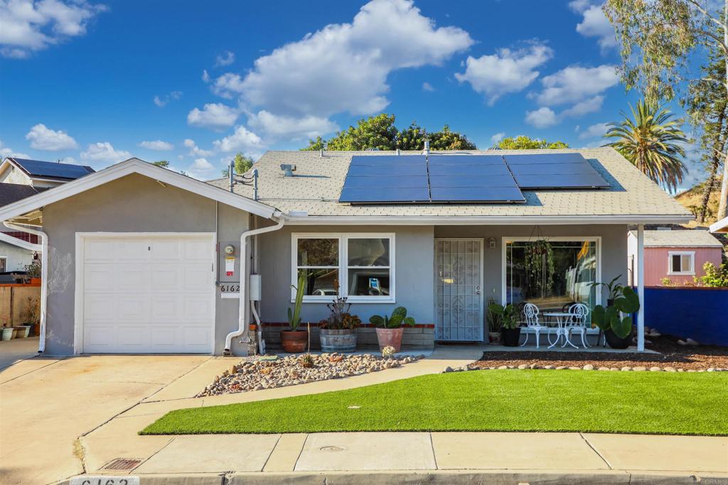 Upgraded 2 bed, 1 bath single level home on a 6,400 SF lot with leased Solar (Sunrun, NEM 2.0). Features quartz kitchen counters, laminate flooring, dual pane windows, and updated bathroom. Attached 1 car garage. Landscaped, two level backyard with turf, pavers, bocce court, and new drainage. Recent upgrades: sewer line, retaining walls, and front landscaping. ADU potential ( buyer to verify). Located just minutes from SDSU, shopping, dining, parks and major freeways. This home offers the ideal blend of privacy, convenience and possibility - a true gem in a rapidly growing neighborhood. Turnkey and move-in ready.