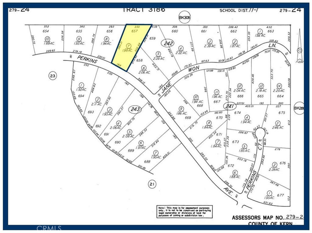 Lot 657 Map 3186, 1.98 Acres, (Apn: 279-242-07-007) GPS: 35.21294, -117.79658 on Perkins Ave in California City, CA. California City is in northern Antelope Valley in Kern County. California City is 18 miles northwest of Edwards Air Force Base, 40 miles north of Lancaster and 28 miles east of Tehachapi. California City has zoned this property as R4 Residential. According to the City the following uses are permitted: Single Family Dwellings, riding stables, corrals and animal keeping. No utilities are currently available to this lot. Electricity is aprox 1.2 miles east. Please check with the City for water and sewer distance. Use the GPS coordinates to locate the property. GPS: 35.21294, -117.79658