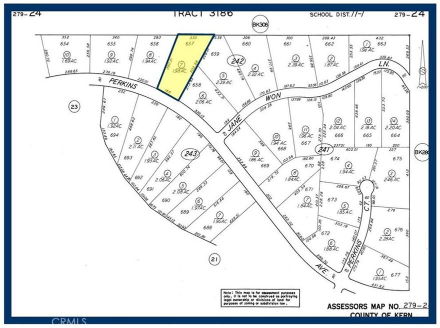 Lot 657 Map 3186, 1.98 Acres, (Apn: 279-242-07-007)  GPS: 35.21294, -117.79658  on Perkins Ave in California City, CA. California City is in northern Antelope Valley in Kern County. California City is 18 miles northwest of Edwards Air Force Base, 40 miles north of Lancaster and 28 miles east of Tehachapi. California City has zoned this property as R4 Residential. According to the City the following uses are permitted: Single Family Dwellings, riding stables, corrals and animal keeping. No utilities are currently available to this lot. Electricity is aprox 1.2 miles east. Please check with the City for water and sewer distance. Use the GPS coordinates to locate the property. GPS: 35.21294, -117.79658