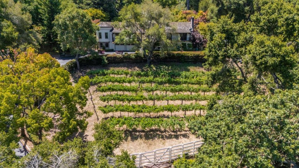 Framed by iron gates and a front vineyard, this classic Monterey Colonial estate evokes a European country manor. A signature full-length upper porch spans the front which has a level lawn, fountain, and garden-framed motor court. Inside, imported materials and fine craftsmanship define the home, from the hand-finished wood ceiling from Germany in the living room to an intricately carved marble vanity from Italy. Hardwood floors, some with Hardwood medallion inlays, leaded glass windows, and custom cabinetry enhance the elegance. The flexible layout includes 5 bedrooms and 6 full baths across two levels, including a private entry- level suite accessed from outdoors, ideal for guests or remote work. The primary suite offers a turret sitting room with East Bay Hills views, a fireplace, and luxurious bath. The rear grounds are designed for outdoor living with level lawn and vast patios and fountains for dining and lounging. Set on just over one acre with access to top-rated Los Altos schools.