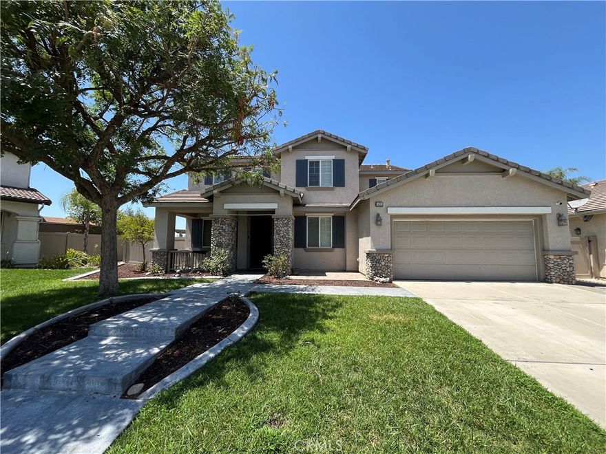 Two-Story 4-Bedroom Cul-de-Sac Home in the Redlands University Grove Community! The main floor features a Living Room and a Formal Dining Area with a built-in China Cabinet. There is also 1 Bedroom Downstairs, a 3/4 Bathroom, and a separate Laundry Room with Washer/Dryer Hookups. The Kitchen includes Granite Countertops, a Kitchen Island, Cooktop/Double Ovens (gas), Microwave, Dishwasher, Garbage Disposal, and Refrigerator. Adjacent to the kitchen is the Family Room with a Stone Fireplace, Wood Flooring, and Plantation Shutters. Upstairs there are 3 additional Bedrooms and a Loft. The Primary Suite has his-and-her closets and carpet,. The Bathroom includes Double Sinks, a separate Shower, and a Tub, The other 2 Bedrooms share a Jack-and-Jill Bathroom with Double Sinks, a Tub, and Tile Flooring. Central AC/Heat, Ceiling Fans throughout the home, and a Whole House Fan. Vinyl Fencing in the Backyard, a Covered Patio, and a Tandem 3-car Garage. Schools, Parks, Shopping, and Dining options are nearby. There is an Additional Flat Rate of $150 per month for Solar. HOA Dues included! Will Consider 1 Small Dog.