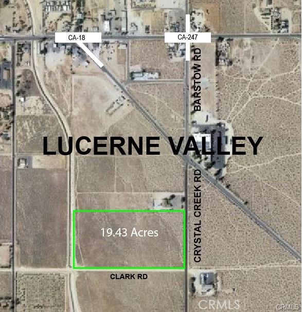 Discover an incredible investment opportunity in Lucerne Valley with 846,371 square feet (19.43 acres) of prime land. Perfect for developers and investors. This land is the perfect canvas for your vision. Create a tranquil oasis in the Mojave Desert and leave a lasting legacy. The possibilities are endless—seize the opportunity today! All information, regardless of source, including but not limited to lot size, square footages, code/permits and use are deemed reliable but are not guaranteed and must be verified through personal inspection by and/or with appropriate professional advisors.