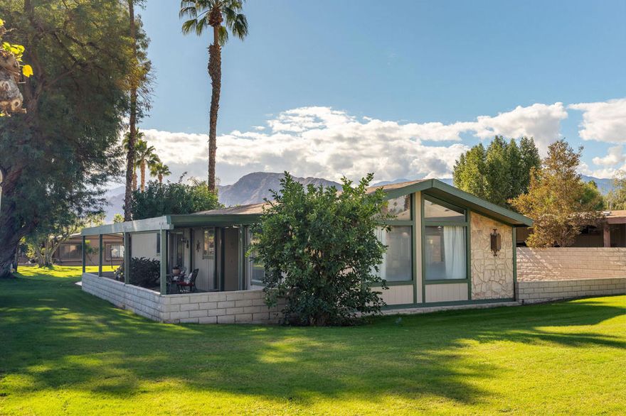 Wow!! You don't want to miss this amazing opportunity to own this 2bed/2-bath home in the highly sought-after community, The Colony, in the beautiful city of Rancho Mirage. This move-in-ready home has been well-maintained. Newer garbage disposal, HVAC, furnace, water heater, and the roof are approximately 10 years old. The patio has spectacular views of the greenbelt and pond. The expansive patio has plenty of seating, making for a perfect space to entertain friends and family. The front door opens to a naturally bright, large living room with a high-beamed ceiling for that large open space feeling. Open Kitchen with newer gas cooktop overlooks the family room with plenty of natural light. The unique kitchen island is very inviting and a perfect space to bring friends and family together, with a sink & electricity. Laundry room with newer washer and dryer, plenty of storage. The primary bedroom has a large closet and an ensuite master bathroom with a shower over a tub, a double vanity. Large secondary bedroom with a wall-to-wall mirrored closet and extra shelving. The guest bath has a walk-in shower. Close to amenities, clubhouse w/abundant activities, resort-style pools, spa, fitness center with top-of-the-line equipment, and much moreNOT ON INDIAN LEASE, NO PROPERTY TAXES. This Property is in a rent control community.