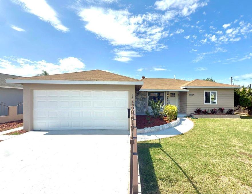 Welcome to 5707 Elk Street, a freshly updated San Diego home with new luxury vinyl floors, renovated kitchen, and new appliances. Bright and airy with new windows throughout, this home offers oversized bedrooms and modern comfort.  The bonus room provides flexibility for an in-law suite, home office, or potential ADU for rental income. Additional features include in-unit laundry and a grassy front yard perfect for outdoor enjoyment.  Located close to schools, shops, and conveniences, this move-in ready property combines style, comfort, and opportunity in one. NO HOA, FHA & VA WELCOMED