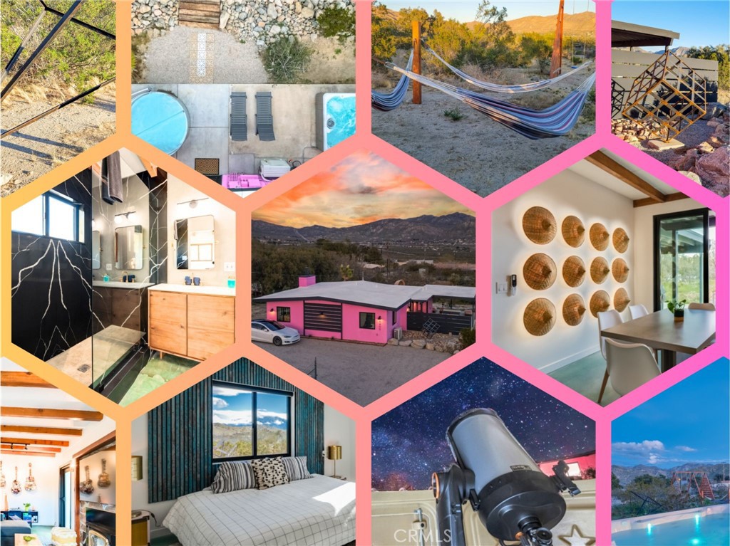 Pink Galaxy holds strong chromatic themes, original art, and is a star grazers dream in a special paradise. Halfway between Joshua Tree and Palm Springs exists a special medium between stars, city, alpine, and an always oasis climate. Magically cooler in summer and warmer in winter than its neighboring areas, large fruit trees grow next to stark Joshua Trees in this special zone of the desert due to its high watertable, subterranean rivers, natural springs, creeks and marshes.
This home is a 1961 homestead with a low modern roof line and beamed ceilings, the floor is polished concrete is stained aqua marine in juxtaposition of its pink exterior like an image from Hubble. The Kitchen is socially open to both the living room and dining room separately to left and right. It features under counter appliances and open shelving to preserve head space. The stove and fridge are retro Classic brand in power coated aqua further nodding to the home's mid-century vibe. Island and counters are black marble quartz with waterfall ends, providing extra storage and under counter drawer microwave and dishwasher.
The living room is centered on an original rock wall and wood stove with entertainment center, perpendicular is a contemporary record player station with high-fi speakers above hangs sveral vintage guitars formed as one-of-a-kind artworks.
The dining room has an integrated lighting design consisting of backlit mounted rice hats and a microcrete dining table. All spaces adorned with sconces and track for warm indirect lighting.
The bathroom is modern and spacious with adjustable mirrors and glamour blub lighting. The showr is open with black mirror slab marble quartz and natural boulder as a seat.
The patio and views! The exterior features large original welded-steel art, hot tub, pool, swings, fire pit, seating, and lofty views over the region from it high position.
Finally there is an observatory capsule with a high-end telescope to observe astronomical phenomena.
This home is a Top 1% Producing $84K in 2024. All info in supplements. Home comes furnished with equitable offers. Intigrated EV Charging station.