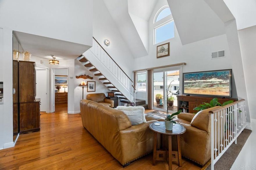 This Coronado Chalet architecture's 2br condominium lives at the apex of the complex...Views of the City across the Bay, Bridge & panorama of the Village...A cozy entrance leads to a light, bright & airy Living Room...Dine in an intimate atmosphere or expand to seat 8 or more with a mirrored wall backdrop...Updated kitchen & appliances sparkle by the sunny kitchen window... The primary bedroom is generous in size w/ walk-in closet & storage...Bathroom features double hammered textured sinks...In-unit washer/dryer combo...2nd bedroom upstairs w/ southerly views of the Village ... Amazing vaulted 24 ft ceilings...double-paned windows artistically placed to bring vignette views...MOVE-IN READY for full time residency or part time...