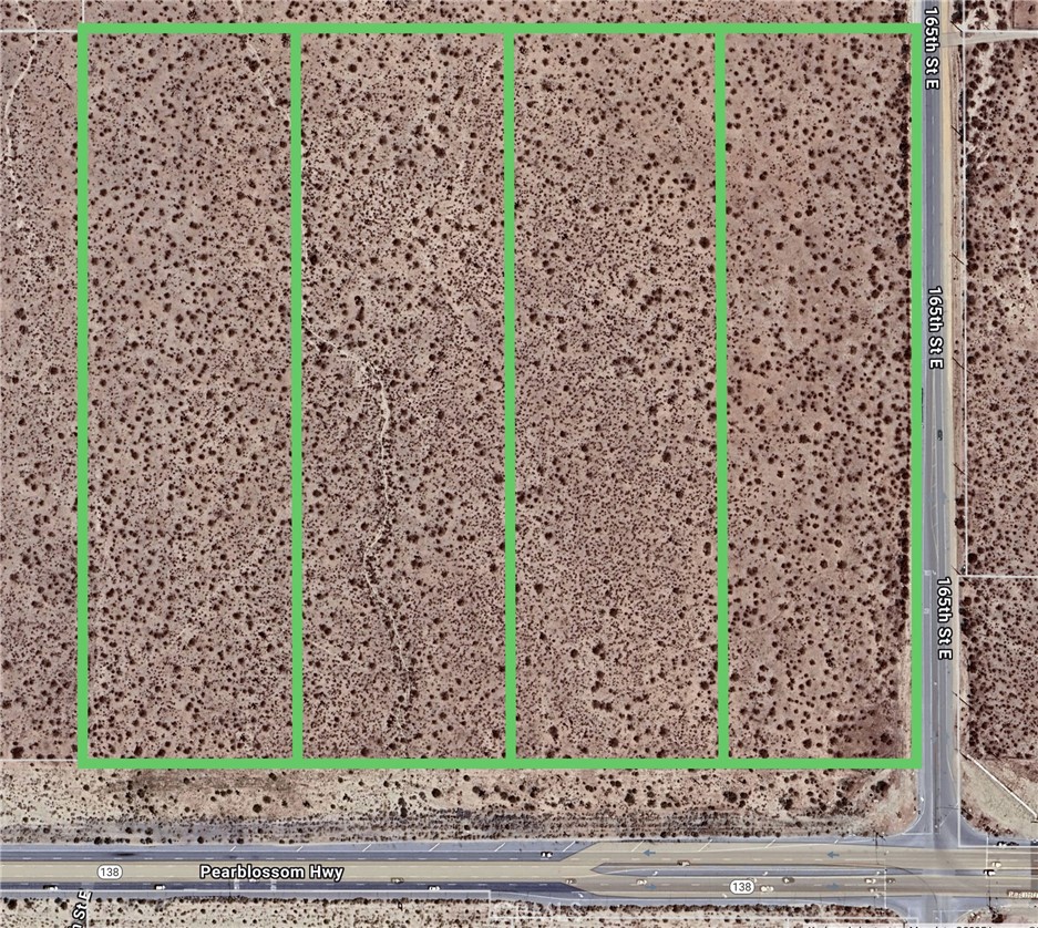 Exceptional opportunity to acquire approximately 34.47 contiguous acres in Littlerock, CA, consisting of four side-by-side parcels located directly off the Northeast corner of Pearblossom Highway and 165th Street East. Two parcels (APNs 3036-009-032 and 033) are each 8.81 acres and zoned A-2-2 (Heavy Agricultural), offering ample space for farming, equestrian use, or potential rural development. The remaining two parcels (APNs 3036-009-034 at 8.82 acres and 035 at 8.03 acres) are zoned C-RU (Rural Commercial) with use code 580V, providing added flexibility for commercial or mixed-use opportunities. With excellent frontage and visibility along Pearblossom Highway, this land presents a rare blend of agricultural utility and commercial potential in a growing area. Buyer to verify all zoning, land use, and development possibilities.